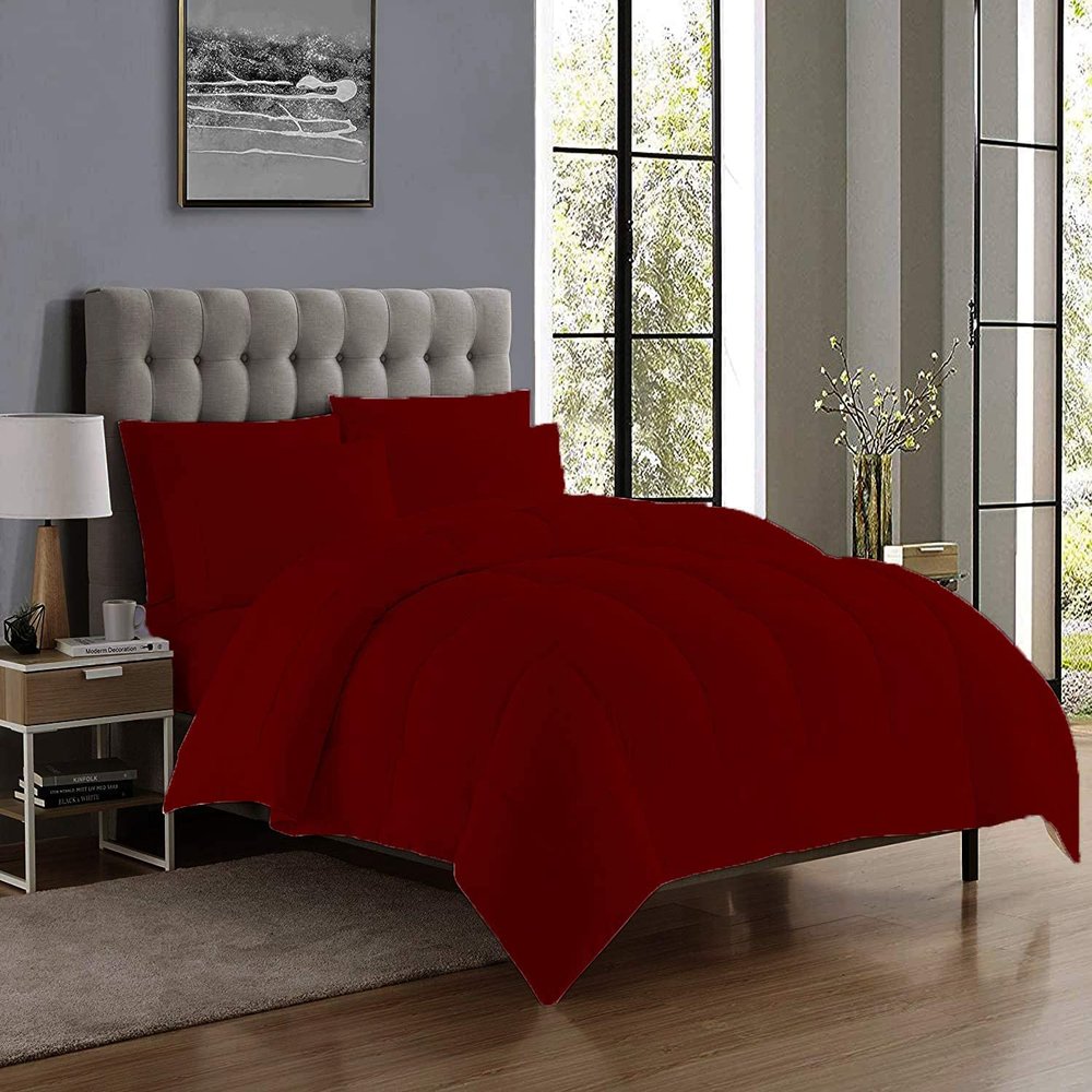7 Piece Bed-in-A-Beg Set Includes-1 Box Stitched Comforter,1 Fitted 18" Deep Pocket,1 Flat,4 Pillowcases 100% Cotton 500 GSM Fill Classic Box Stitched Comforter Bed Set Oversized King-Burgundy