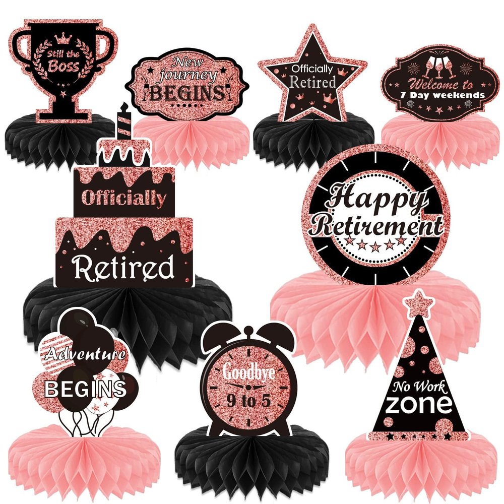 9PCS Rose Gold Retirement Party Decorations - Honeycomb Glitter Table Centerpiece Toppers for Happy Celebration Supplies for Women