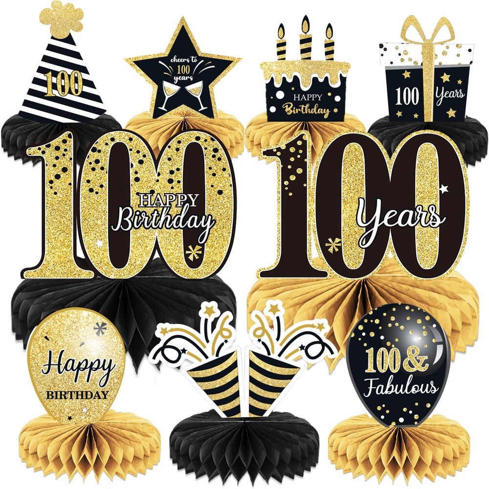 9 Pieces 100th Birthday decorations 100th birthday centerpieces for Tables Decorations Cheers to 100 Years Honeycomb Table Topper Happy 100 Birthday Decorations for Men and Woman Party Decor
