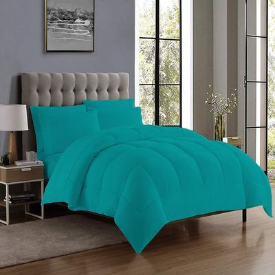 7 Piece Bed-in-A-Beg Set Includes-1 Box Stitched Comforter,1 Fitted 18" Deep Pocket,1 Flat,4 Pillowcases 100% Cotton 500 GSM Fill Classic Box Stitched Comforter Bed Set Cal-King/King-Turquoise