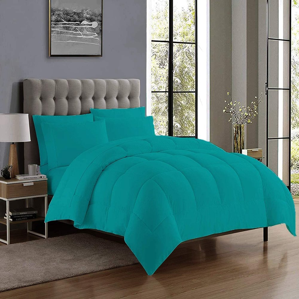 7 Piece Bed-in-A-Beg Set Includes-1 Box Stitched Comforter,1 Fitted 18" Deep Pocket,1 Flat,4 Pillowcases 100% Cotton 500 GSM Fill Classic Box Stitched Comforter Bed Set Cal-King/King-Turquoise