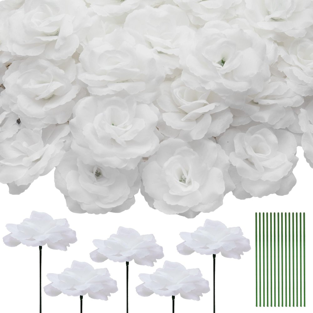 50 Pcs Rose Flower Head, Artificial Flowers Bulk for DIY Crafts, 3in Fake Rose Silk Flower Head wit Stem, Faux Flowers for Decoration, Wedding Home Party Decor Garland Decor (50, Pure White)