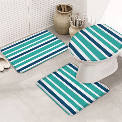 Bath Mat 3 Piece Bathroom Rug Sets, Geometric Blue-Green Navy Blue and White Color Stripes Paint Non Slip Bath Rug Contour Mat and Toilet Lid Cover, Absorbent Shower Mats Soft Bath Rug and Mat Sets