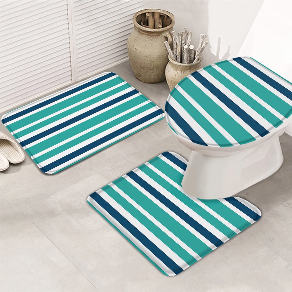 Bath Mat 3 Piece Bathroom Rug Sets, Geometric Blue-Green Navy Blue and White Color Stripes Paint Non Slip Bath Rug Contour Mat and Toilet Lid Cover, Absorbent Shower Mats Soft Bath Rug and Mat Sets