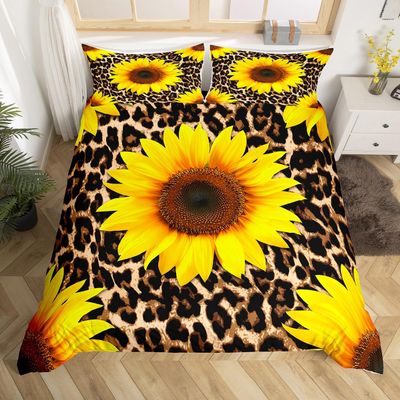 Castle Fairy Sunflowers Bedding Set Twin Size,Leopard Fur Print Duvet Cover for Kids Boys Bed Comforter Cover Set,Wildlife Animal Floral Bedding Quilt Cover Set Decorative 2 Pieces