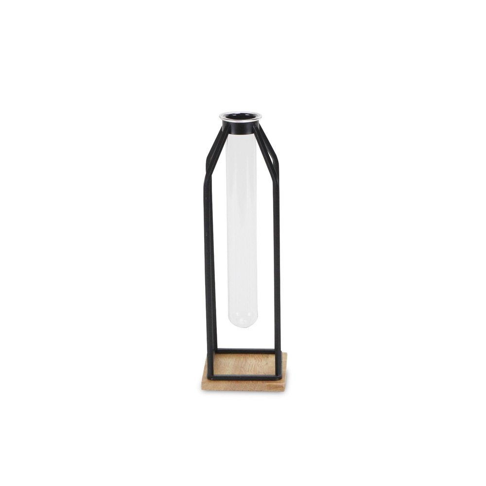 12.25" Black and Brown Handmade Lantern with Glass Tube Insert