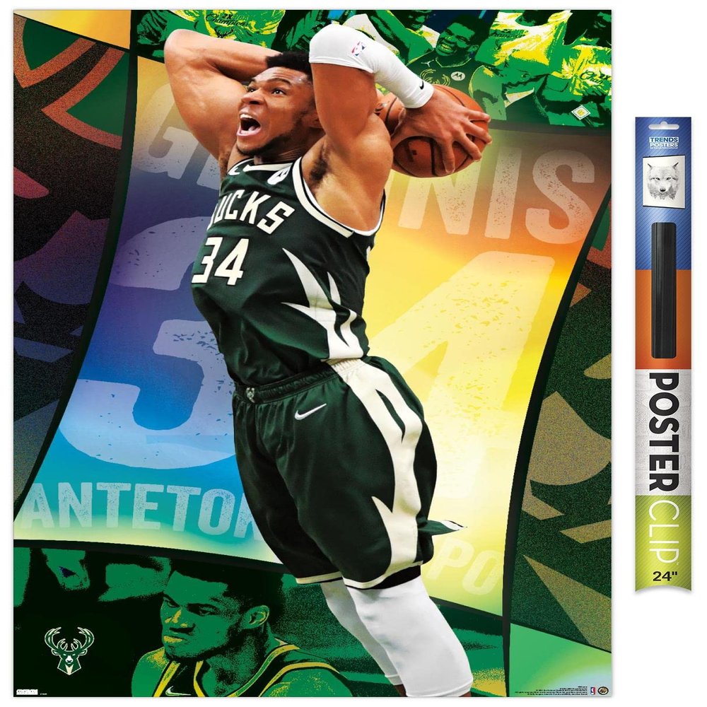 Trends International NBA Milwaukee Bucks - Giannis Antetokounmpo 21 Wall Poster, 34L x 22.4W, Premium Poster & Clip Bundle