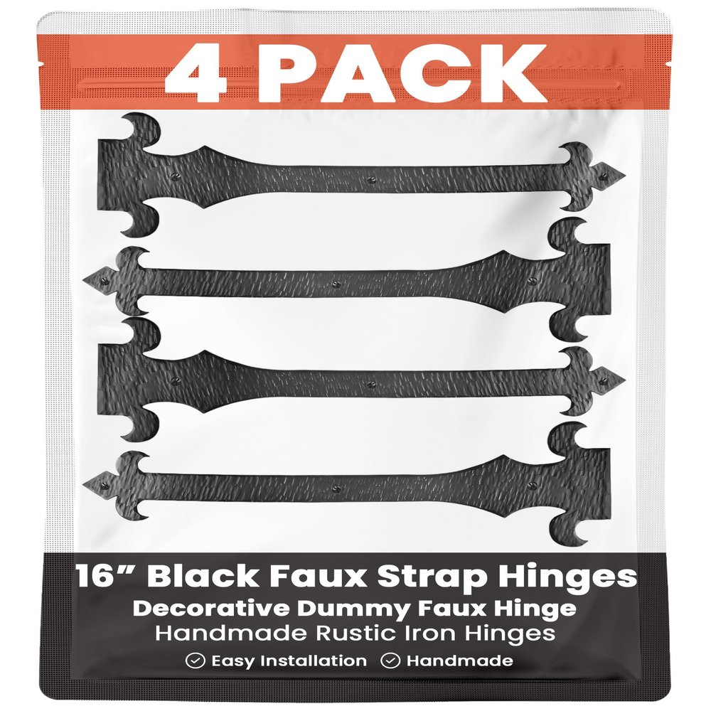 4 Pack 16" Black Faux Strap Hinges - Hand Forged Dummy Faux Hinge  Handmade Rustic Iron Hinges for Farmhouse Shutter, Carriage Doors, Barn Door, Castle Door, and Gates  Nouvelle Fleur De Lis Series