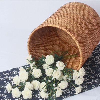 DRSFF Round Natural Rattan Trash Can Storage Bucket Waste Paper Basket Cylinder Desktop Wastebasket Nordic Living Room Bathroom Bedroom Household Light Luxury (Size : 26 * 30cm)