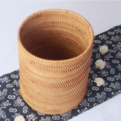 DRSFF Rattan Trash Can Round Living Room Bathroom Storage Bucket Desktop Cylinder Waste Paper Basket Nordic Natural Wastebasket Bedroom Household Light Luxury Garbage Bin (Size : 26 * 30cm)