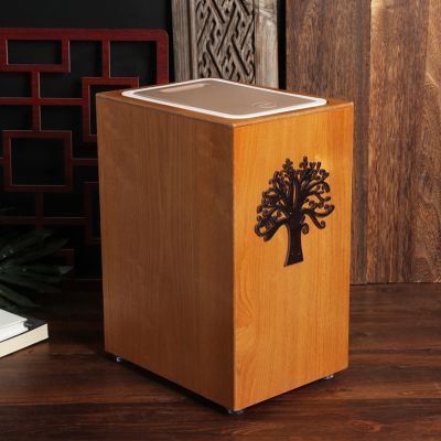 DRSFF Wooden Rubbish Bin with Cube Shape Chinese Style 8 Litre Trash Can Light Brown Push Type Solid Wood Garbage Bucket Bathroom Kitchen Wastebasket