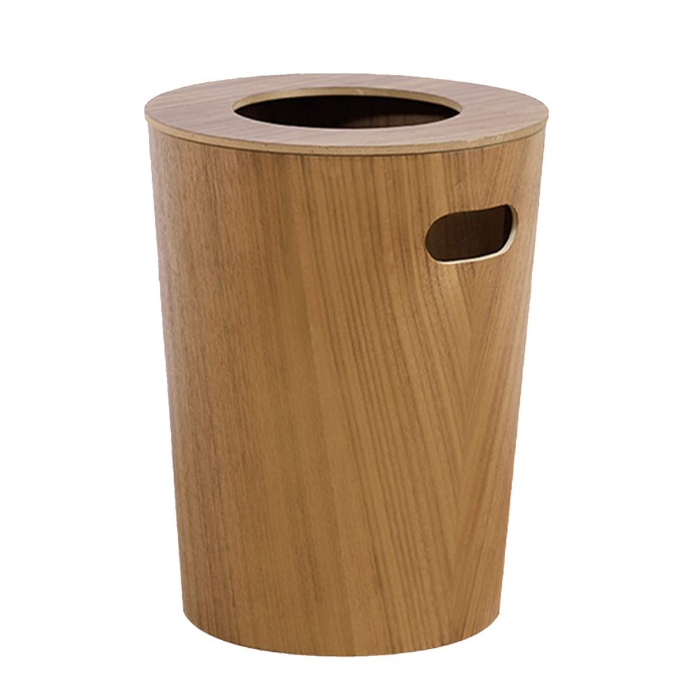 DRSFF Garbage Can | Large Home Dustbin Round Rubbish Bin Wooden Trash Bucket Waste Recycling Container for Bathroom KitchenWalnut Colour Wastebasket with Card Ring
