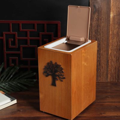 DRSFF Trash Can with Lid, Chinese Style Solid Wood Garbage Bin Household Living Room Bedroom Hotel 8 Litre Creative Push Type Wastebasket Kitchen Dustbin