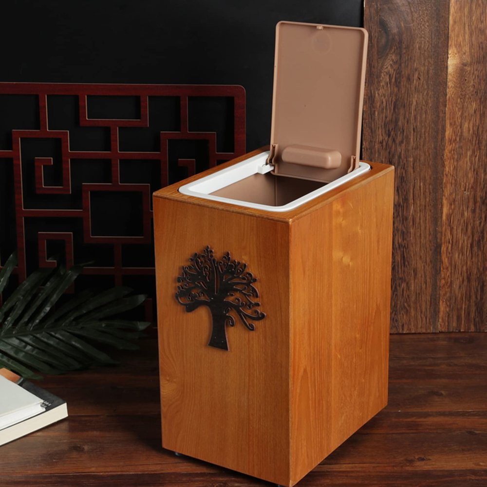 DRSFF Trash Can with Lid, Chinese Style Solid Wood Garbage Bin Household Living Room Bedroom Hotel 8 Litre Creative Push Type Wastebasket Kitchen Dustbin