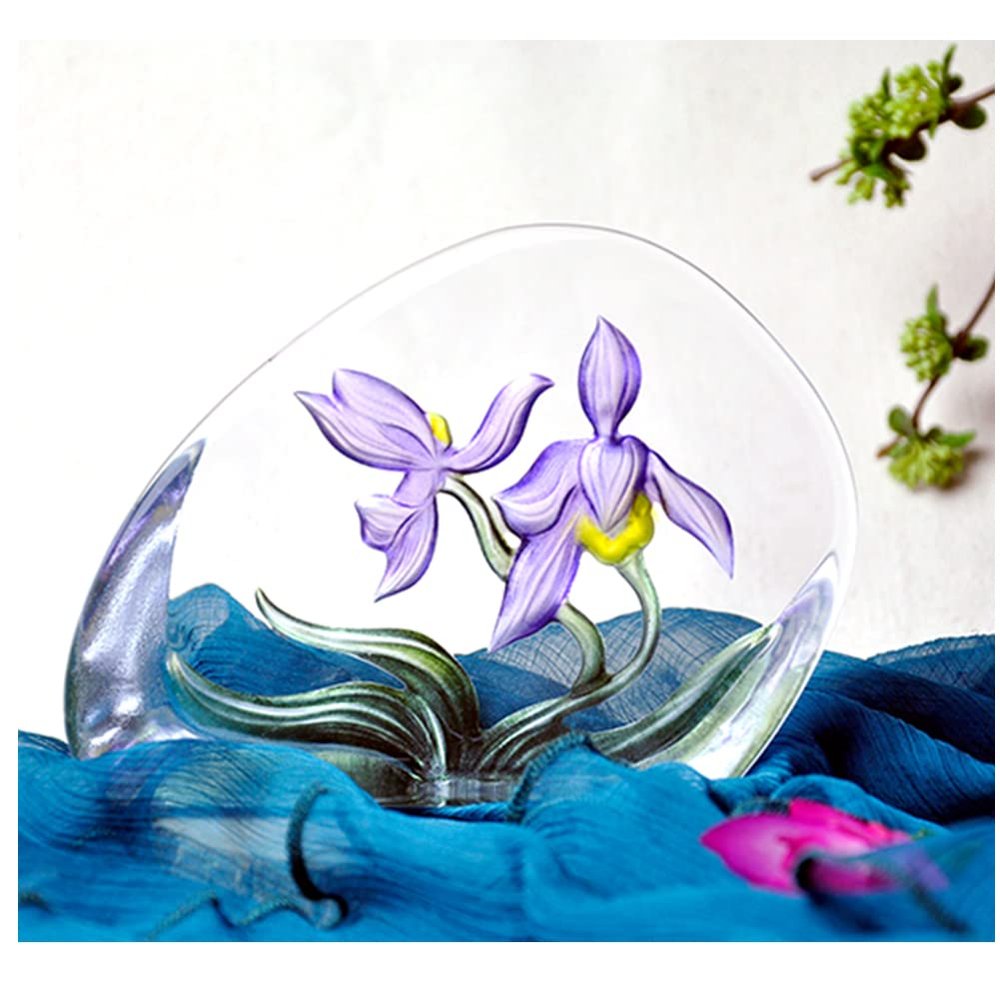 ACEVER Crystal Sculpture Etched Figurine, Cast Crystal Engraved and Sandblasted Motif Flowers, Home Desktop Decor (Purple Orchid)