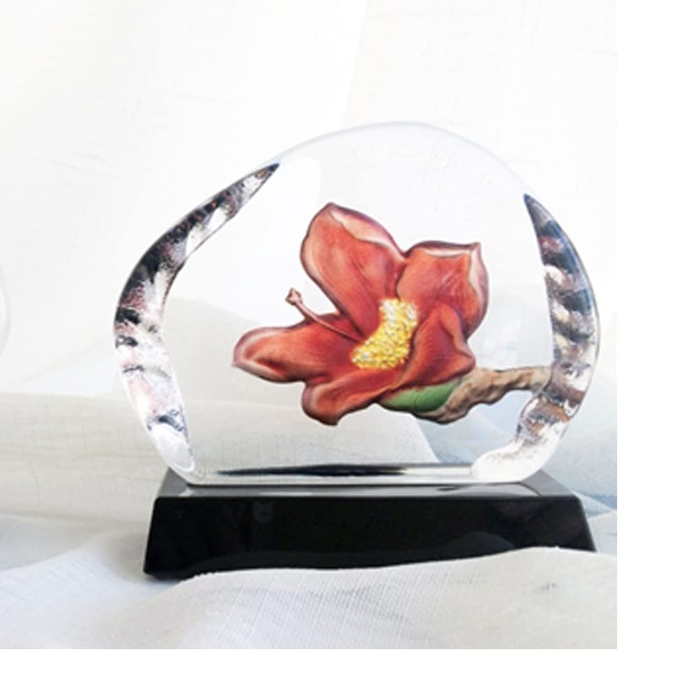 ACEVER Crystal Sculpture Etched Figurine, Cast Crystal Engraved and Sandblasted Motif Flowers, Home Desktop Decor (Red Kapok)
