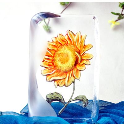 ACEVER Crystal Sculpture Etched Figurine, Cast Crystal Engraved and Sandblasted Motif Flowers, Home Desktop Decor (Golden Sunflower)