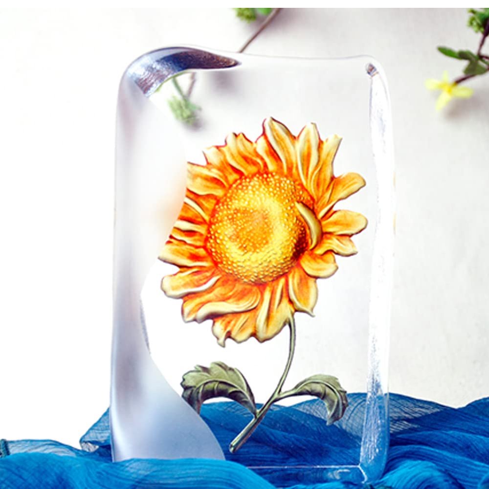 ACEVER Crystal Sculpture Etched Figurine, Cast Crystal Engraved and Sandblasted Motif Flowers, Home Desktop Decor (Golden Sunflower)