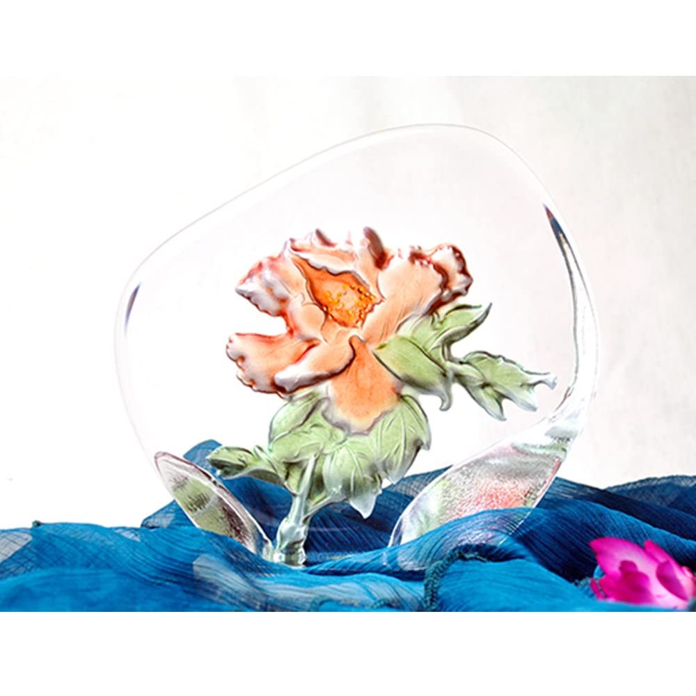 ACEVER Crystal Sculpture Etched Figurine, Cast Crystal Engraved and Sandblasted Motif Flowers, Home Desktop Decor (Love Peony)