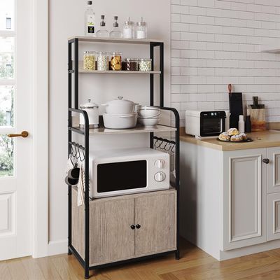 Yaheetech 4-Tier Kitchen Bakers Rack with Storage Cabinet and Hutch, Microwave Oven Stand Coffee Bar Pantry Cabinet with 8 S Hooks, Freestanding Kitchen Shelves Spice Rack, Gray