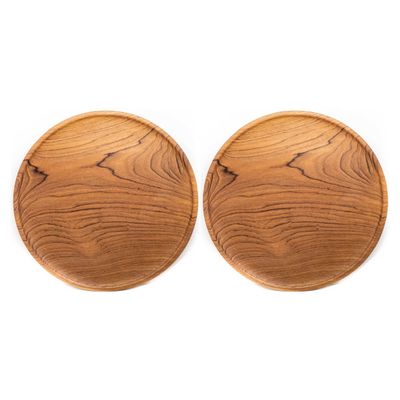 Rainforest Bowls Set of 2 12" Round Javanese Teak Wood Dinner Plates- Perfect for Everyday Use- Hot & Cold Friendly, Ultra-Durable, Premium Wooden Plates- Handcrafted by Indonesian Artisans