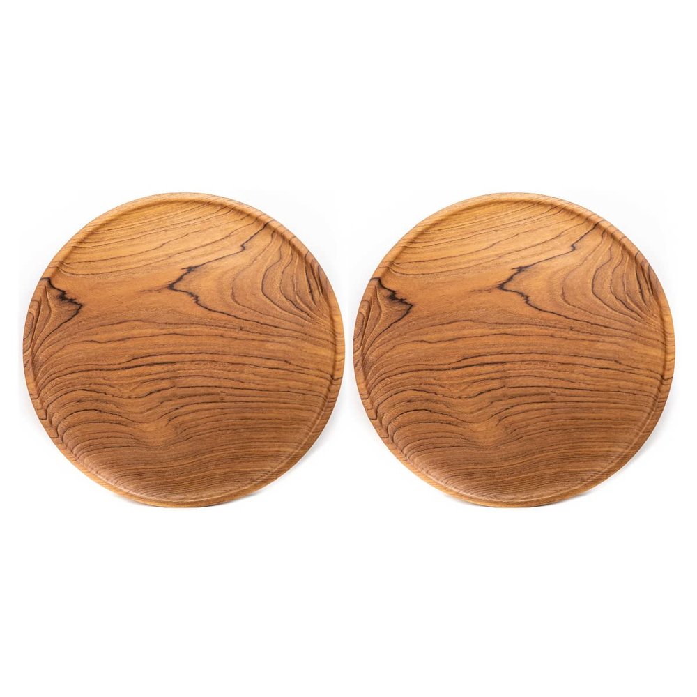 Rainforest Bowls Set of 2 12" Round Javanese Teak Wood Dinner Plates- Perfect for Everyday Use- Hot & Cold Friendly, Ultra-Durable, Premium Wooden Plates- Handcrafted by Indonesian Artisans