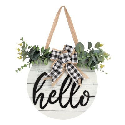 3D Hello Spring Wreaths for Front Door | White Horizontal Round Wreaths | Housewarming Gift | Farmhouse Wood Door Hanger for Home Decor Indoor and Outdoor, Classroom, Yard, Porch Decor