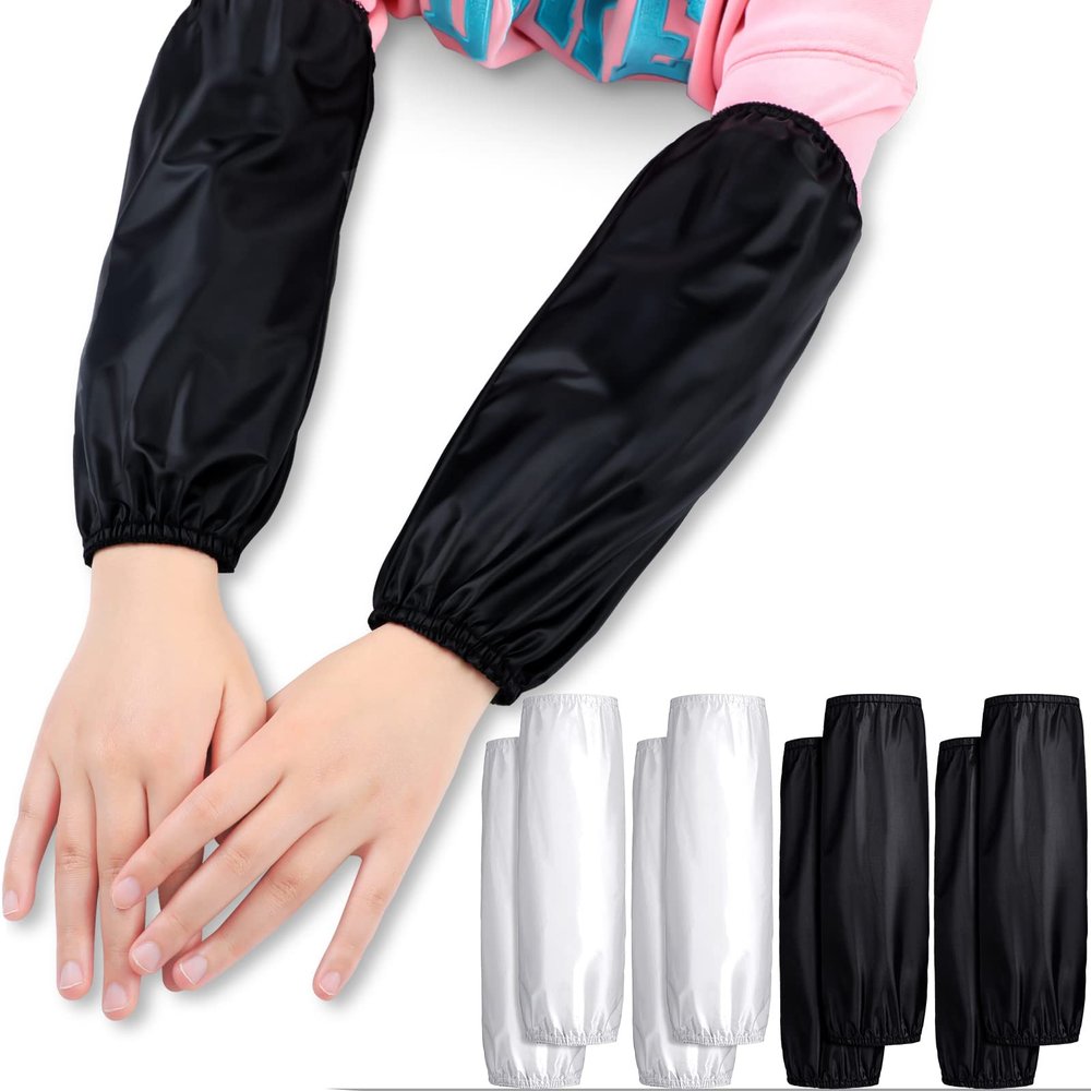 Jecery 4 Pairs Waterproof Sleeves for Arms Reusable Oilproof Oversleeves PVC Farmers Arm Sleeve Cover for Cleaning Cooking(Medium,Black, White)