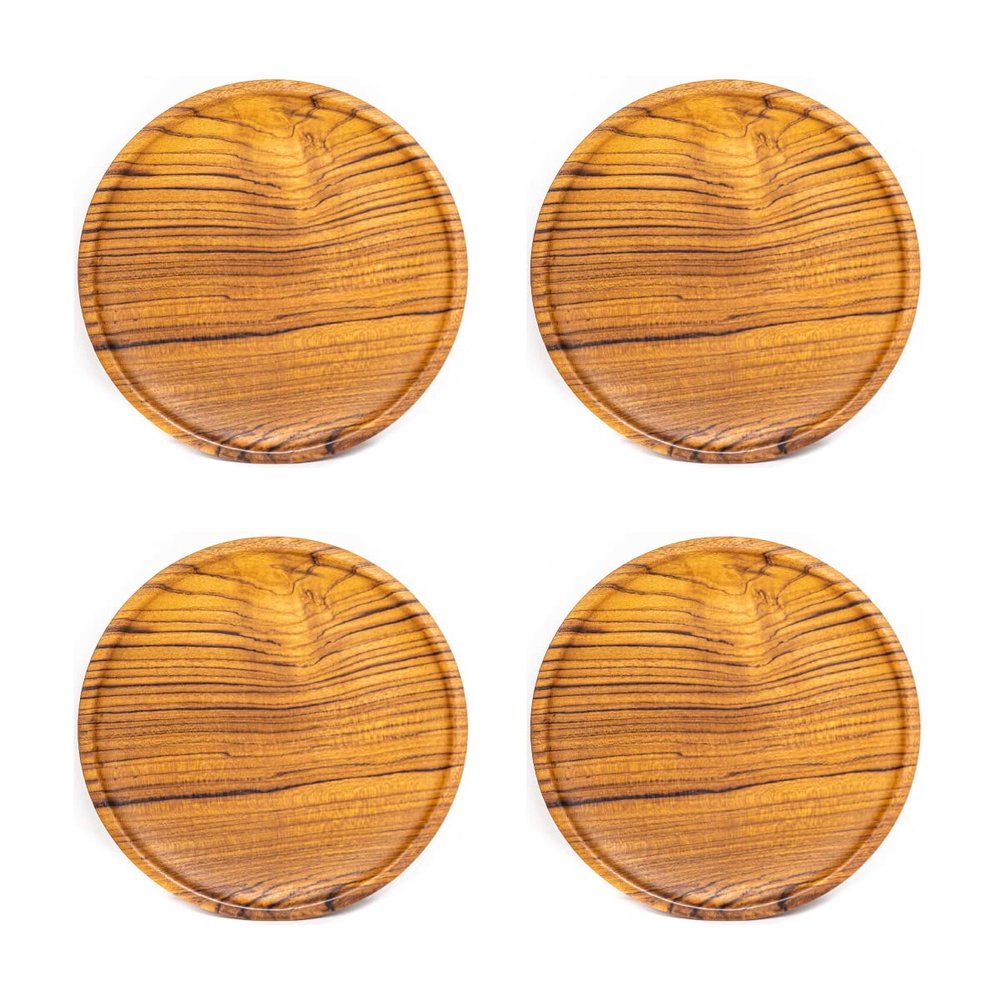 Rainforest Bowls Set of 4 8" Round Javanese Teak Wood Plates- Perfect for Everyday Use- Hot & Cold Friendly, Ultra-Durable, Premium Wooden Plates- Handcrafted by Indonesian Artisans