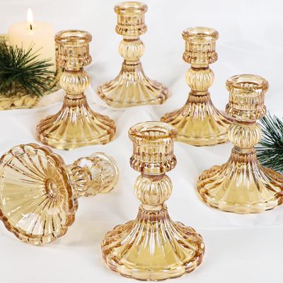 Taper Candle Holder Set of 6, Gold Candle Holder & Vintage Candlestick Holder, Glass Candlestick Holder for Table Centerpieces, Fall, Christmas, Autumn, Thanksgiving Decor