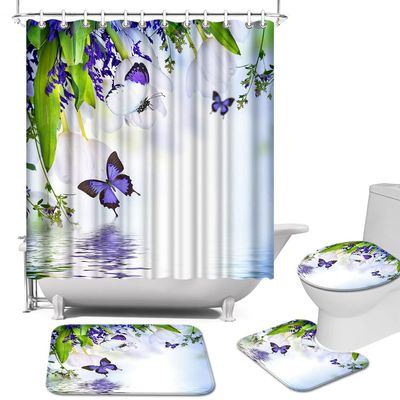 AtGoWac Butterfly Shower Curtain Sets with Rugs. 4 Pieces Purple White Shower Curtain Spring Floral Bathroom Decor Set