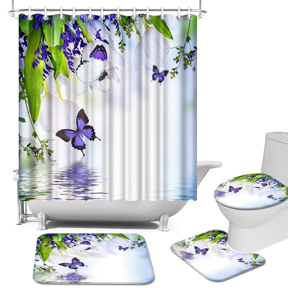 AtGoWac Butterfly Shower Curtain Sets with Rugs. 4 Pieces Purple White Shower Curtain Spring Floral Bathroom Decor Set