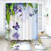 AtGoWac Butterfly Shower Curtain Sets with Rugs. 4 Pieces Purple White Shower Curtain Spring Floral Bathroom Decor Set view 2