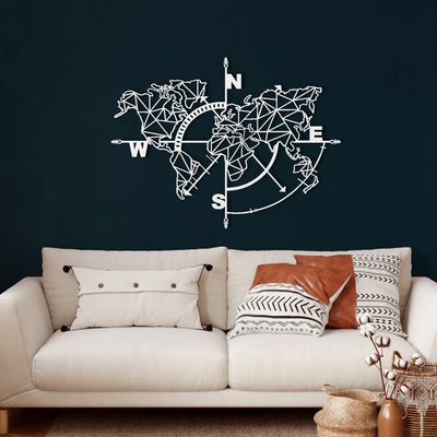 Metal Wall Decor, Geometric World Map Compass , Home Living Room Decor, Wall Sign, Metal Wall Art, Interior Decoration, Indoor Outdoor Hangings, White (140x104cm)