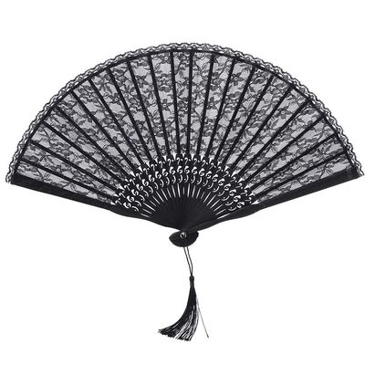 Vintage Hand Fans, Lace Folding Fan Handheld Folding Fans for Women Lace Fan with Tassel Chinese Umbrella for Wedding Decoration(black)