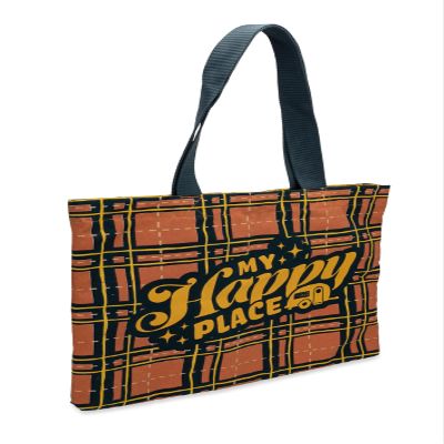 Camco Life is Better at the Campsite Tote Bag | Perfect for Groceries, Shopping or as a Purse | Red Plaid Tote Bag with My Happy Place in Large, Yellow Font (53482)