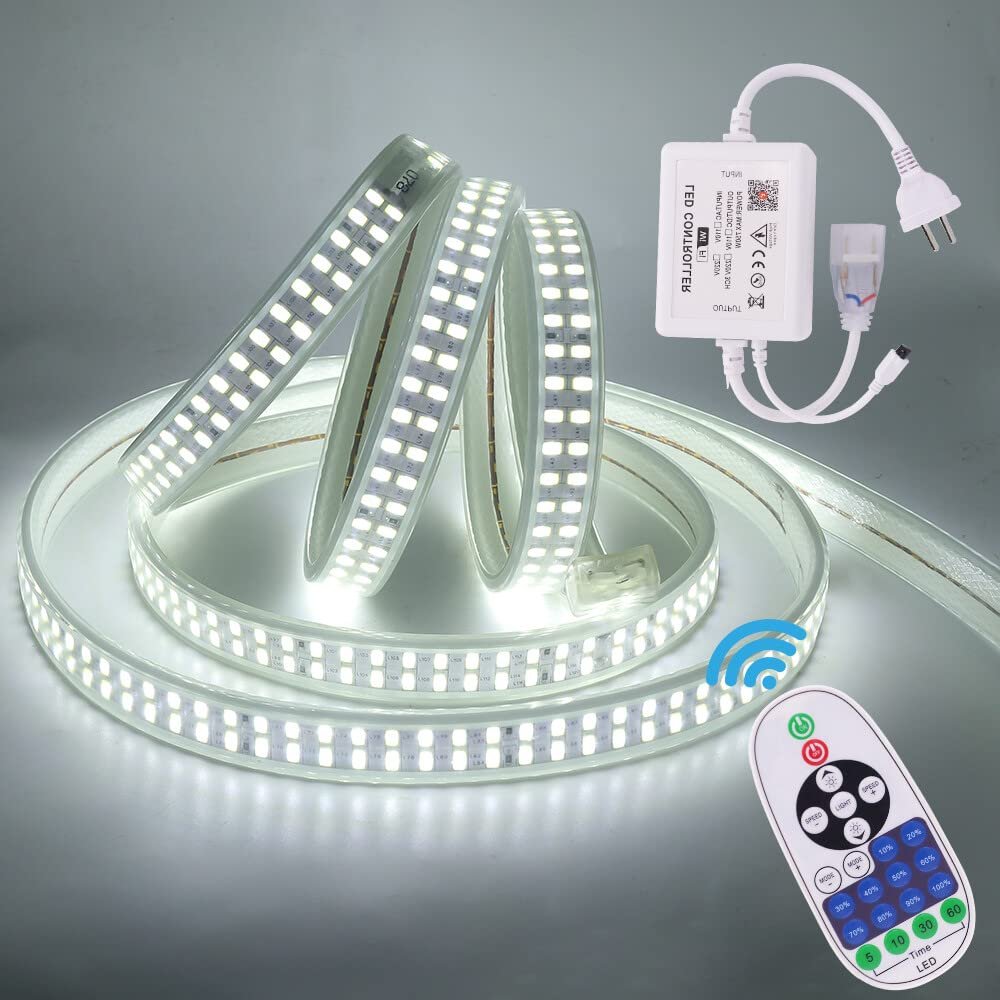 XUNATA Smart Double Row LED Strip,SMD 5730 240 LEDs/m Flexible Outdoor Waterproof Tape Lights, AC 110V Dimmable Daylight White Strip Light with 23-key Remote Control for Christmas Party Decor (55.7ft)