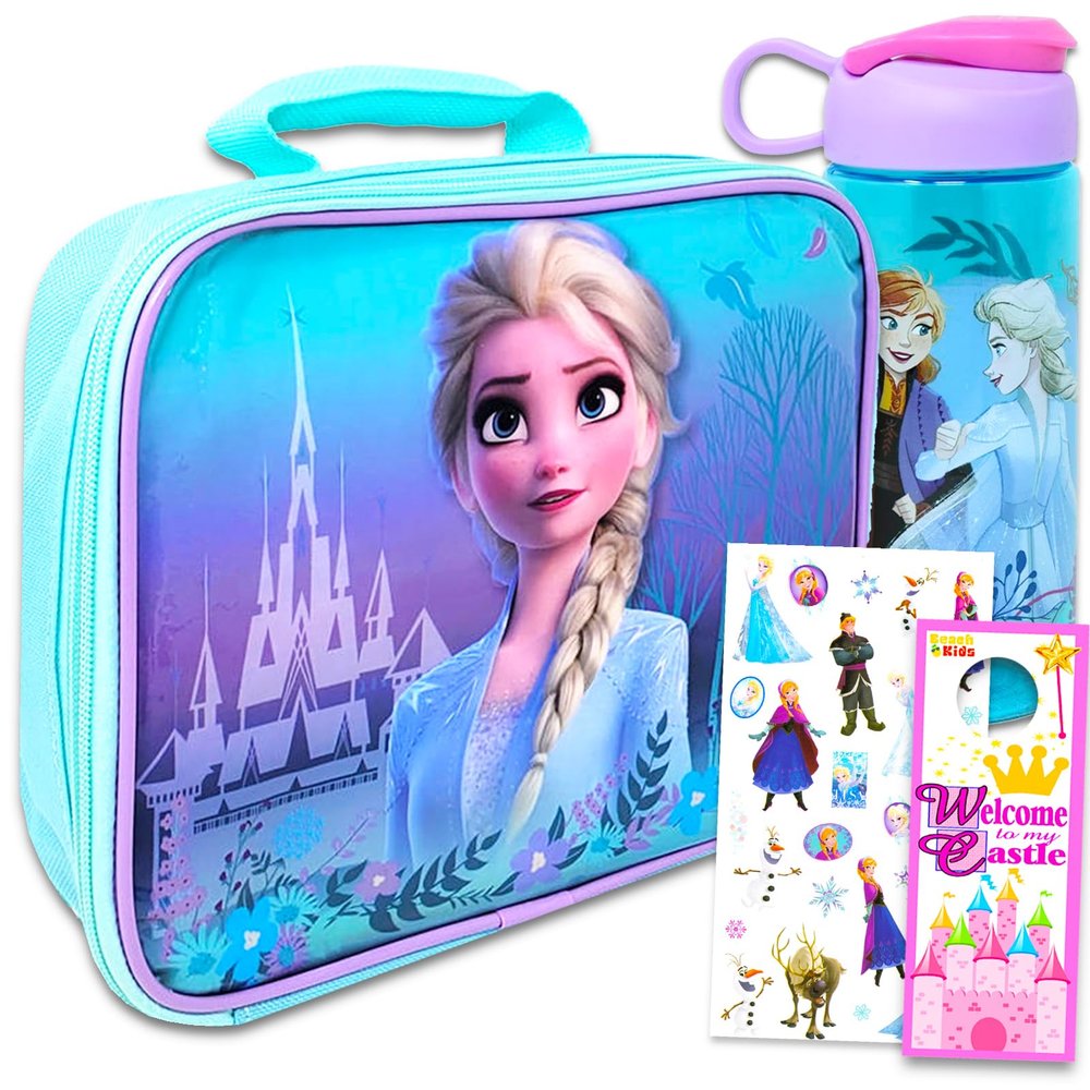 Disney Frozen Lunch Box and Water Bottle Set for Kids - Bundle with Elsa and Anna School Supplies Set Plus Stickers and More Lunch Bag for Girls
