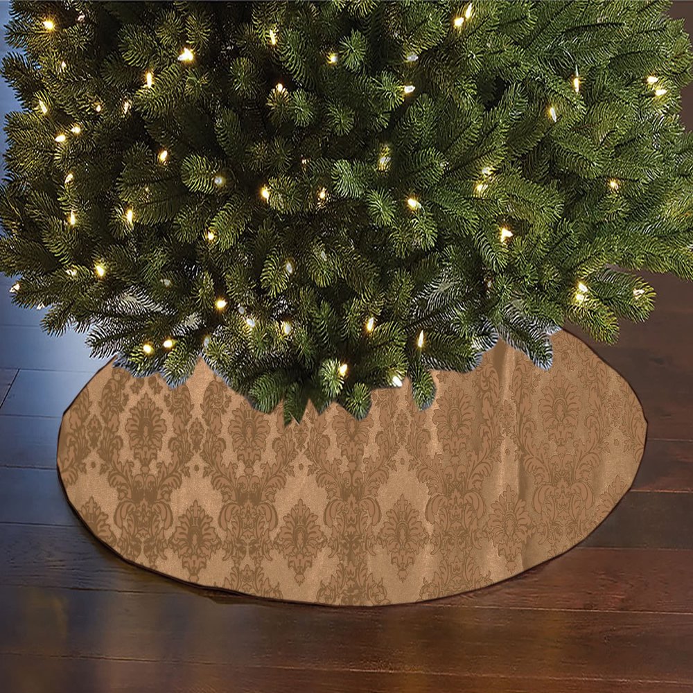 Flocked Damask Taffeta Tree Skirt Christmas Decoration 56" Round Holiday Event Tree Dcor (Beige on Beige)
