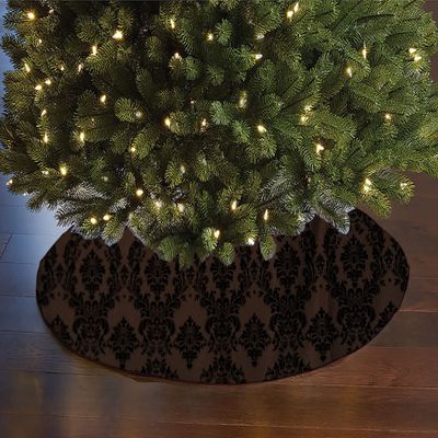 Flocked Damask Taffeta Tree Skirt Christmas Decoration 56" Round Holiday Event Tree Dcor (Black on Brown)