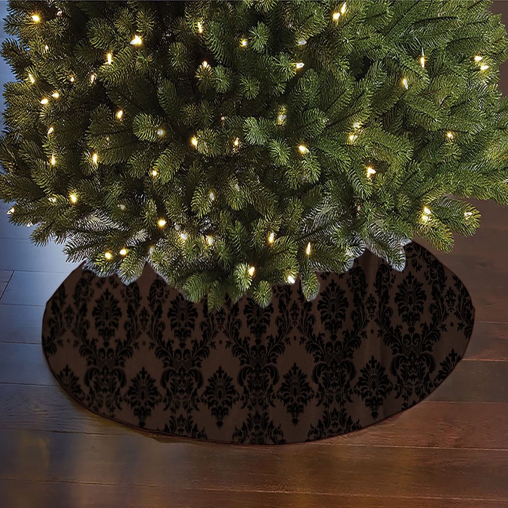 Flocked Damask Taffeta Tree Skirt Christmas Decoration 56" Round Holiday Event Tree Dcor (Black on Brown)