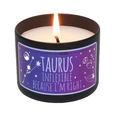 Moonlight Makers Zodiac - Taurus, Inflexible Because I'm Right Candle, Caribbean Teakwood Scented Handmade Candle, Natural Soy Wax Candle, 25+ Hour Burn Time, 8oz Tin