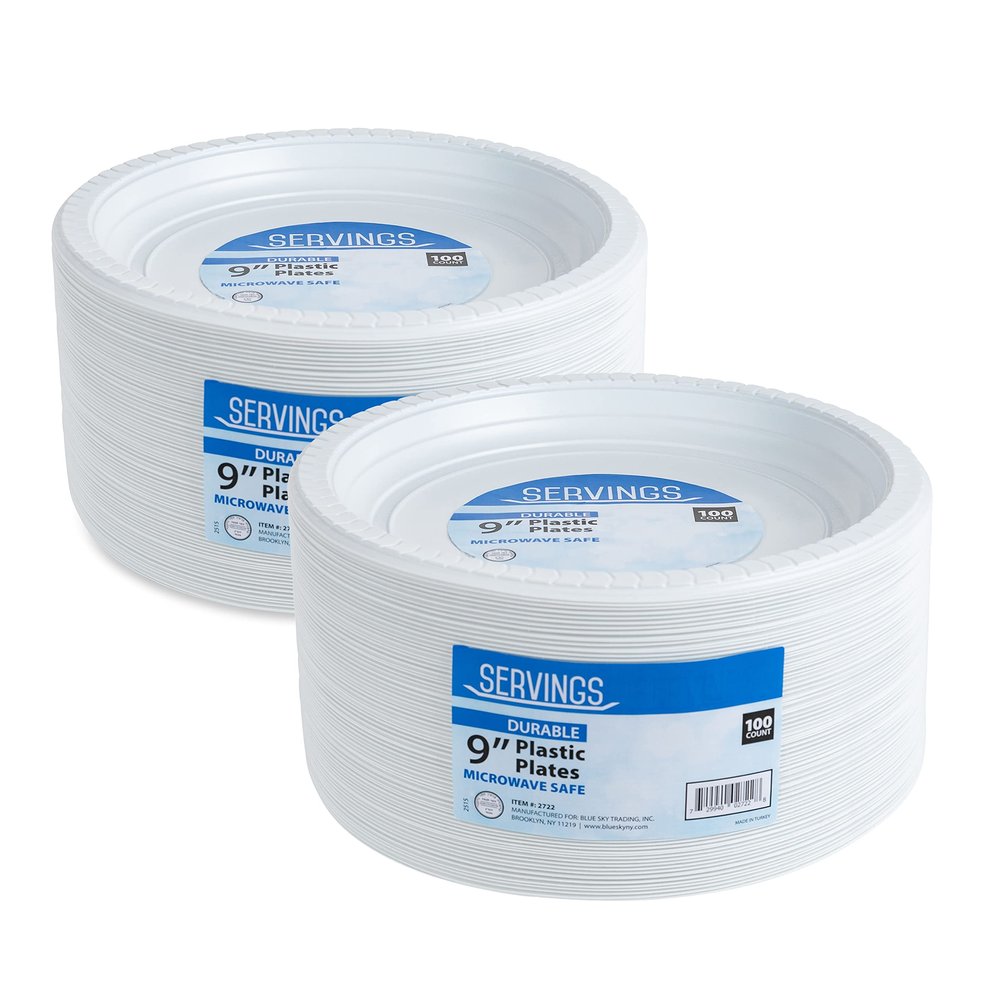 Blue Sky 9 Inch White Plastic Plates - [200 Count] Disposable Plastic Plates, Microwave Safe, Perfect for Birthday Parties, Weddings, Banquets, Picnics, and Everyday Use