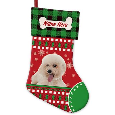 MALIHONG 1 Pack Personalized Red Christsmas Cute Dog Bichon Frise Maltese Stocking with Green Black Buffalo Plaid Snowflake Xmas Decor Gift 14.4 Inch