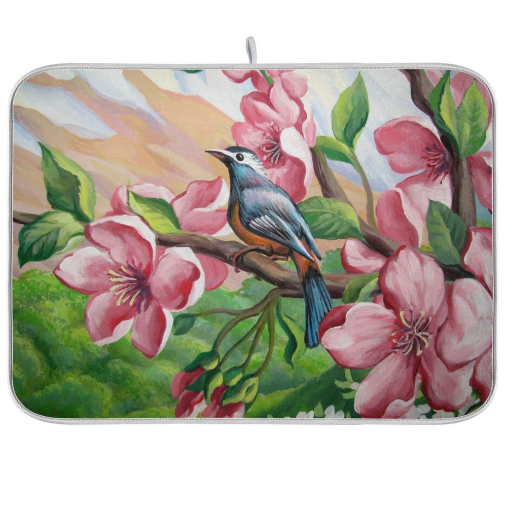 Absorbent Dish Drying Mat for Kitchen Counter - Cherry Blossoms Pink Birds Microfiber Drying Pad, Reversible Drainer Mats for Countertop,Large 18" x 24"