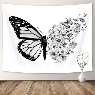 Black White Butterfly Tapestry Wall Hanging, Full Bloom Floral Retro Butterflies Tapestries, Flowers Aesthetic Tapestry Wall Art for Girls Bedroom Dorm Abstract Home Room Wall Decoration
