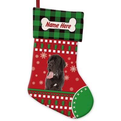 MALIHONG 1 Pack Personalized Red Christsmas Cute Dog Great Dane Stocking with Green Black Buffalo Plaid Snowflake Xmas Decor Gift 14.4 Inch