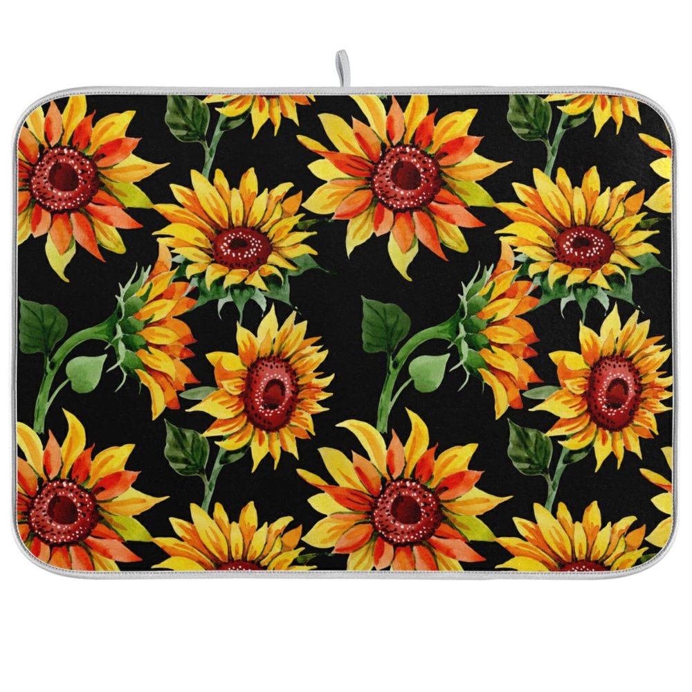 Absorbent Dish Drying Mat for Kitchen Counter - Plank Sunflower Microfiber Drying Pad, Reversible Drainer Mats for Countertop, Small 16 x 18 inch, Large 18 x 24 inch