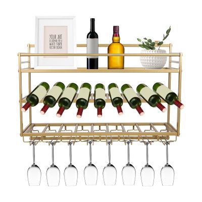 3 Layers Wall Mounted Wine Bottle Stemware Glass Rack, Rustic Metal Wall Mount Shelf Metal Wine Rack Metal Bottle & Glass Holder Elegant Storage for Kitchen, Dining Room, Bar or Wine Cellar (Gold)
