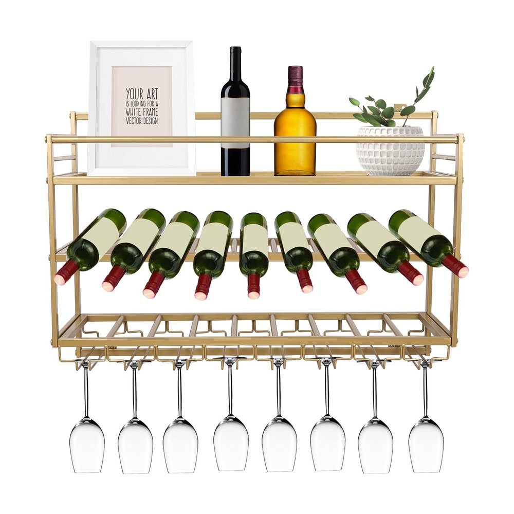 3 Layers Wall Mounted Wine Bottle Stemware Glass Rack, Rustic Metal Wall Mount Shelf Metal Wine Rack Metal Bottle & Glass Holder Elegant Storage for Kitchen, Dining Room, Bar or Wine Cellar (Gold)